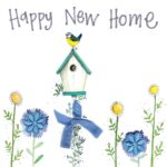 Bird on birdhouse with flowers and text Happy New Home