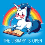Unicorn in front of rainbow reading a book