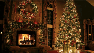 lighted Christmas tree and fireplace