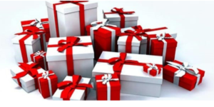 white packages with red ribbon and red packages with white ribbon