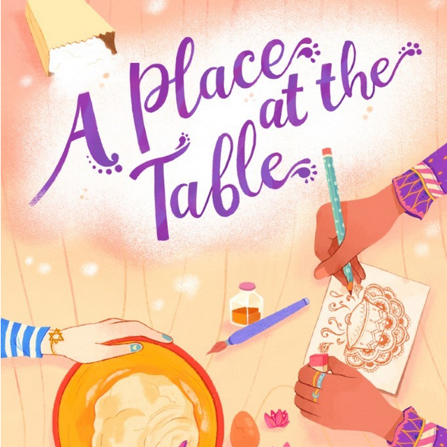 Script writing of book title with hands and table placesettings