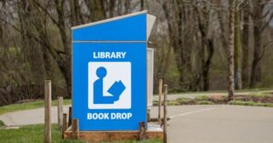 blue library book drop
