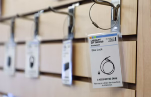 Library of Things tags in the library lobby